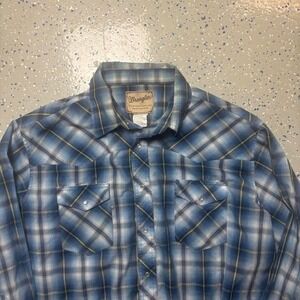 Wrangler Western Shirt Pearl Snap Blue Plaid Mens 2XL Long Sleeve Cowboy